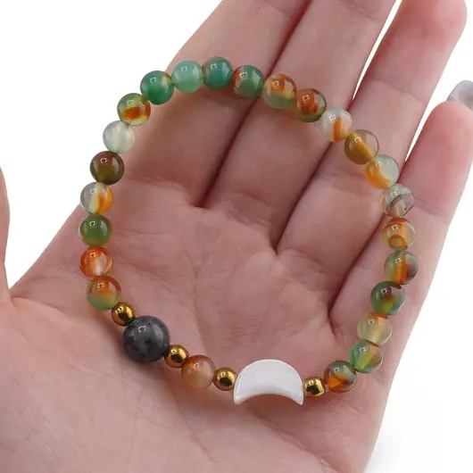 Bratara Agat verde cu galben sfere 6mm, Larvikit 8mm si luna din Sidef 12mm cu bumbi aurii, imagine 4