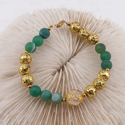 Bratara Agat verde mat si Roca vulcanica aurie sfere 8mm, Cryolit cu flori aurii, imagine 2