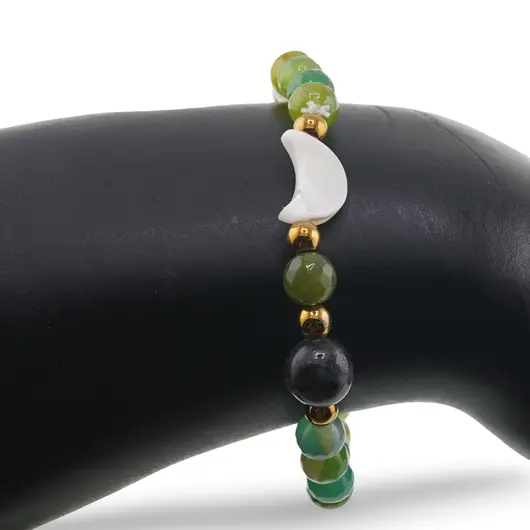 Bratara Agat verde sfere fatetate 6mm, Larvikit 8mm si luna din Sidef 12mm cu bumbi aurii, imagine 3