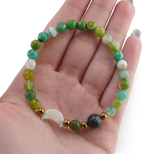 Bratara Agat verde sfere fatetate 6mm, Larvikit 8mm si luna din Sidef 12mm cu bumbi aurii, imagine 4