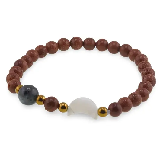 Bratara Goldstone maro sfere 6mm, Larvikit 8mm si luna din Sidef 12mm cu bumbi aurii, imagine 2