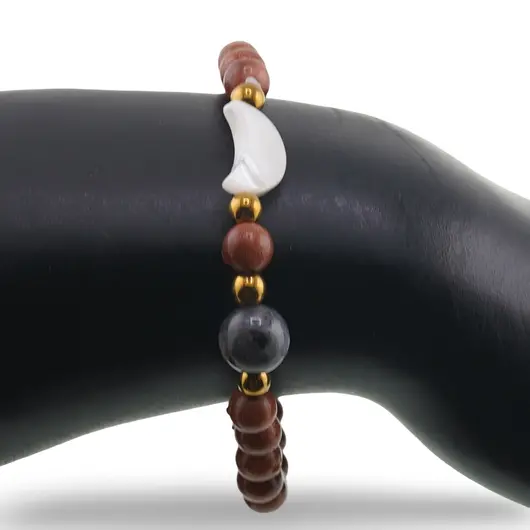 Bratara Goldstone maro sfere 6mm, Larvikit 8mm si luna din Sidef 12mm cu bumbi aurii, imagine 3