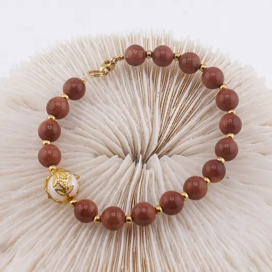 Bratara Goldstone maro sfere 8mm, Perla de cultura cu flori aurii si bumbi aurii, imagine 2