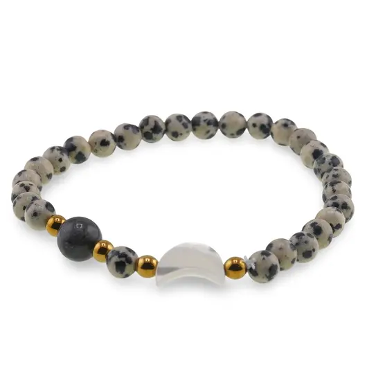 Bratara Jasp dalmatian sfere 6mm, Larvikit 8mm si luna din Sidef 12mm cu bumbi aurii, imagine 2