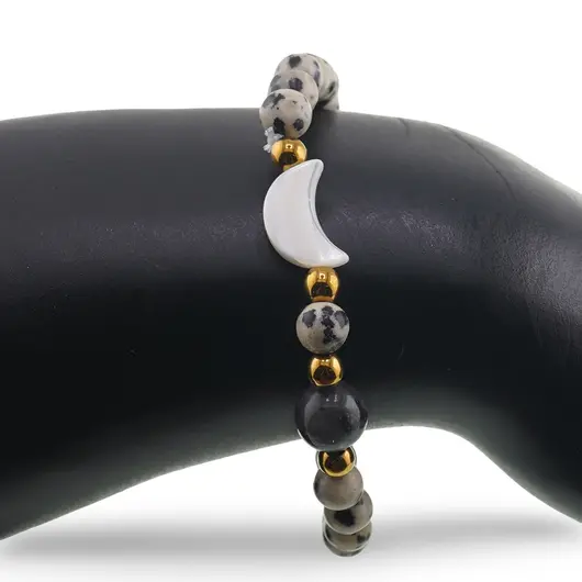 Bratara Jasp dalmatian sfere 6mm, Larvikit 8mm si luna din Sidef 12mm cu bumbi aurii, imagine 3