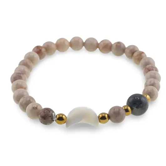 Bratara Jasp fosilic sfere 6mm, Larvikit 8mm si luna din Sidef 12mm cu bumbi aurii, imagine 2