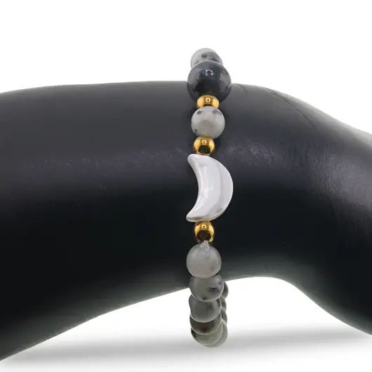 Bratara Jasp kiwi sfere 6mm, Larvikit 8mm si luna din Sidef 12mm cu bumbi aurii, imagine 3