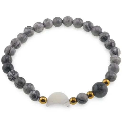 Bratara Jasp Picasso sfere 6mm, Larvikit 8mm si luna din Sidef 12mm cu bumbi aurii