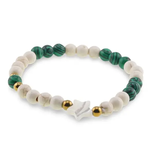 Bratara Magnezit si Malachit sfere 6mm cu bumbi aurii si steluta din Sidef 10mm, imagine 2
