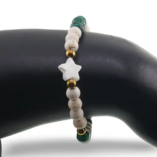 Bratara Magnezit si Malachit sfere 6mm cu bumbi aurii si steluta din Sidef 10mm, imagine 3