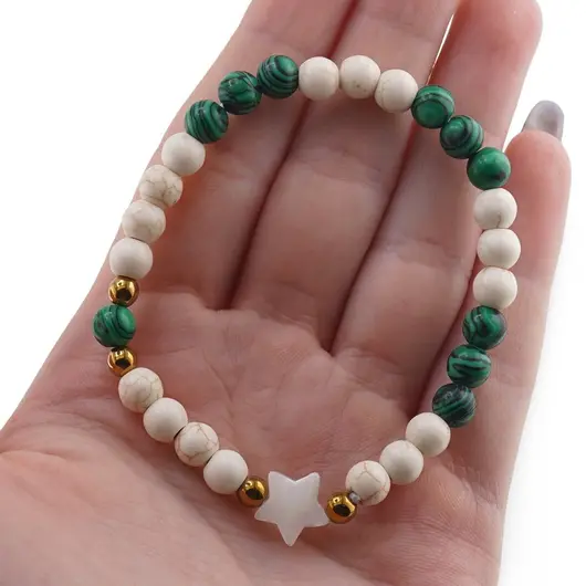 Bratara Magnezit si Malachit sfere 6mm cu bumbi aurii si steluta din Sidef 10mm, imagine 4
