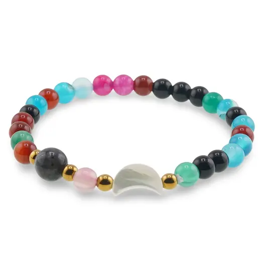 Bratara Mix Agate colorate sfere 6mm, Larvikit 8mm si luna din Sidef 12mm cu bumbi aurii, imagine 2