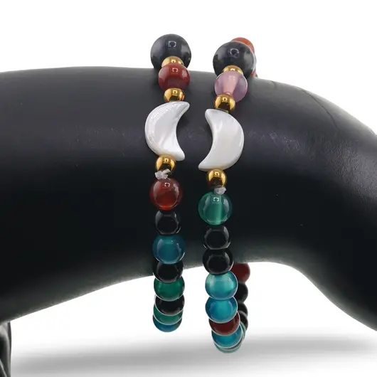Bratara Mix Agate colorate sfere 6mm, Larvikit 8mm si luna din Sidef 12mm cu bumbi aurii, imagine 3