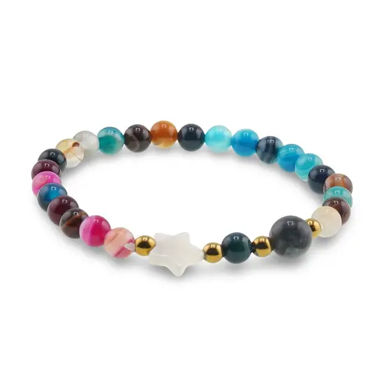 Bratara mix Agate colorate sfere 6mm, Larvikit 8mm si steluta din Sidef 10mm cu bumbi aurii, imagine 2