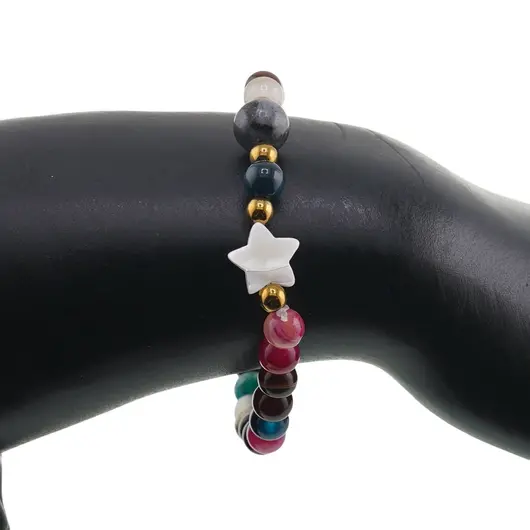 Bratara mix Agate colorate sfere 6mm, Larvikit 8mm si steluta din Sidef 10mm cu bumbi aurii, imagine 3