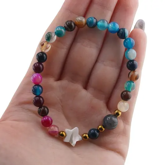 Bratara mix Agate colorate sfere 6mm, Larvikit 8mm si steluta din Sidef 10mm cu bumbi aurii, imagine 4