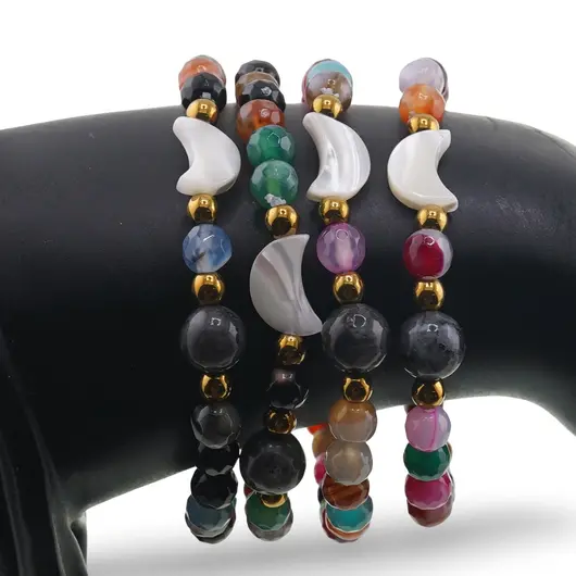 Bratara Mix Agate colorate sfere fatetate 6mm, Larvikit 8mm si luna din Sidef 12mm cu bumbi aurii, imagine 3