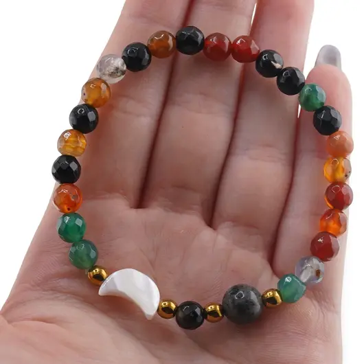 Bratara Mix Agate colorate sfere fatetate 6mm, Larvikit 8mm si luna din Sidef 12mm cu bumbi aurii, imagine 4