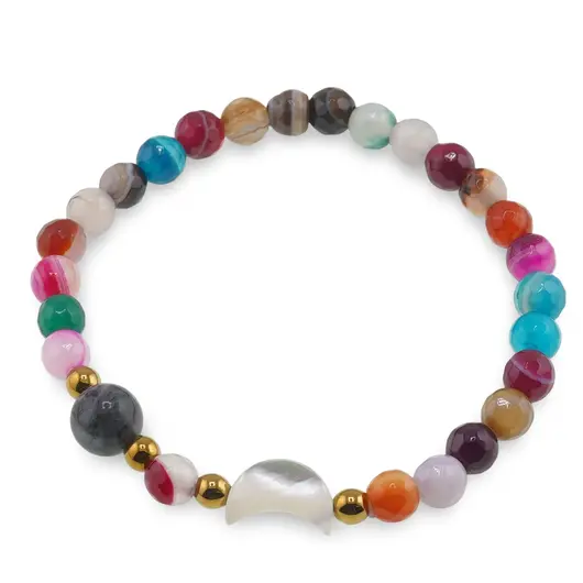 Bratara Mix Agate colorate sfere fatetate 6mm, Larvikit 8mm si luna din Sidef 12mm cu bumbi aurii