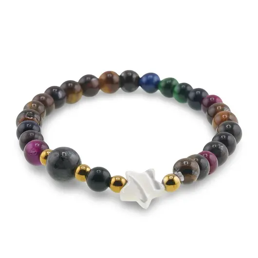 Bratara mix Ochi de tigru colorat sfere 6mm, Larvikit 8mm si steluta din Sidef 10mm cu bumbi aurii, imagine 2