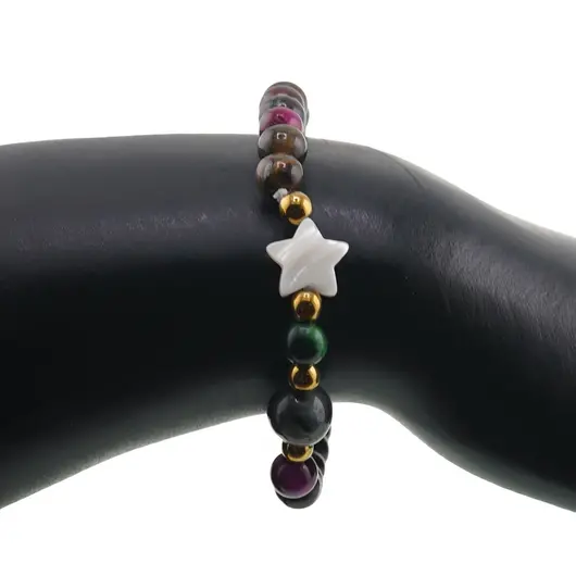 Bratara mix Ochi de tigru colorat sfere 6mm, Larvikit 8mm si steluta din Sidef 10mm cu bumbi aurii, imagine 3