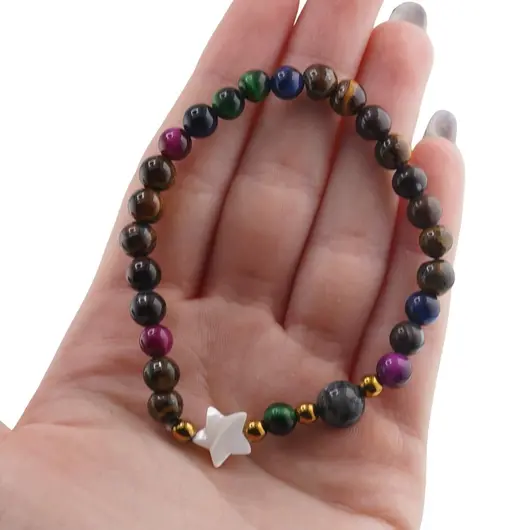 Bratara mix Ochi de tigru colorat sfere 6mm, Larvikit 8mm si steluta din Sidef 10mm cu bumbi aurii, imagine 4