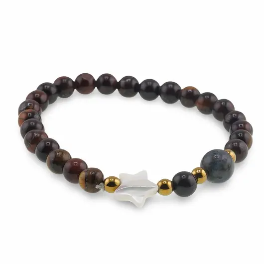 Bratara mix Ochi de tigru si Ochi de taur sfere 6mm, Larvikit 8mm si steluta din Sidef 10mm cu bumbi aurii, imagine 2