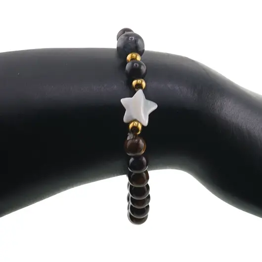 Bratara mix Ochi de tigru si Ochi de taur sfere 6mm, Larvikit 8mm si steluta din Sidef 10mm cu bumbi aurii, imagine 3
