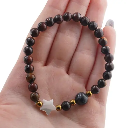 Bratara mix Ochi de tigru si Ochi de taur sfere 6mm, Larvikit 8mm si steluta din Sidef 10mm cu bumbi aurii, imagine 4