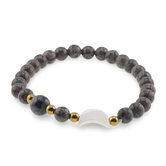 Bratara Obsidian fulg de nea maro sfere 6mm, Larvikit 8mm si luna din Sidef 12mm cu bumbi aurii, imagine 2