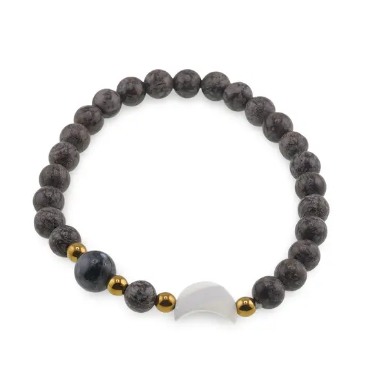 Bratara Obsidian fulg de nea maro sfere 6mm, Larvikit 8mm si luna din Sidef 12mm cu bumbi aurii
