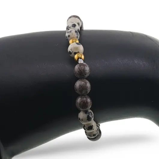 Bratara Obsidian fulg de nea maro si Jasp dalmatian sfere, 6-7mm, imagine 3