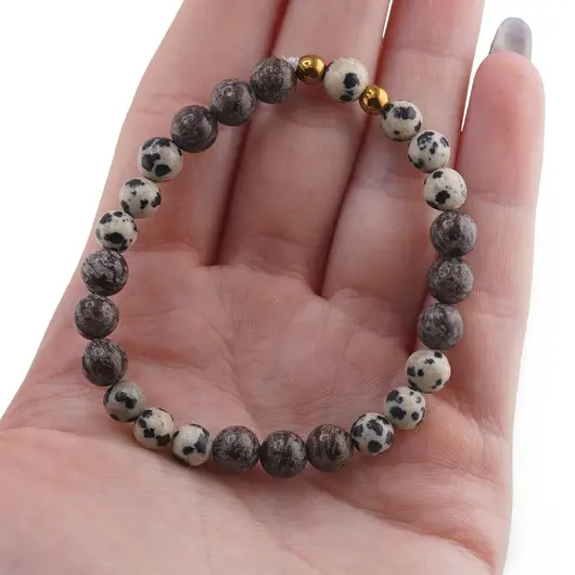 Bratara Obsidian fulg de nea maro si Jasp dalmatian sfere, 6-7mm, imagine 4
