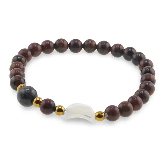 Bratara Obsidian mahon sfere 6mm, Larvikit 8mm si luna din Sidef 12mm cu bumbi aurii, imagine 2