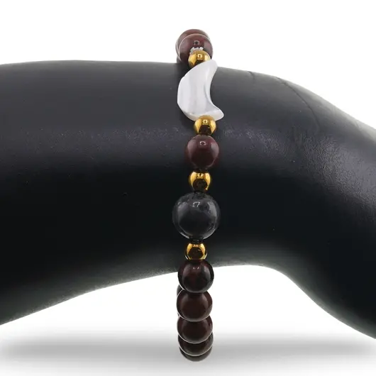 Bratara Obsidian mahon sfere 6mm, Larvikit 8mm si luna din Sidef 12mm cu bumbi aurii, imagine 3