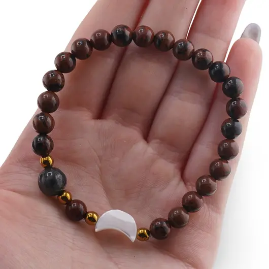 Bratara Obsidian mahon sfere 6mm, Larvikit 8mm si luna din Sidef 12mm cu bumbi aurii, imagine 4