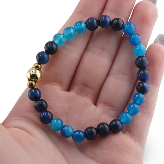 Bratara Ochi de tigru albastru si Agat albastru sfere cu bumbi aurii si element, 6mm, imagine 4