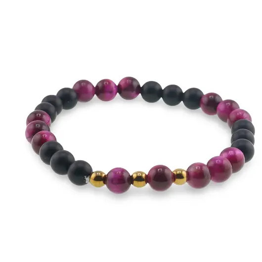 Bratara Onix negru mat si Ochi de tigru roz cu bumbi aurii, 6mm, imagine 2