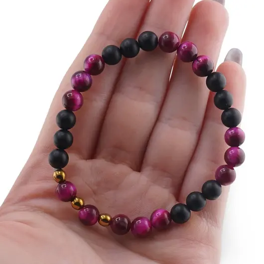 Bratara Onix negru mat si Ochi de tigru roz cu bumbi aurii, 6mm, imagine 4