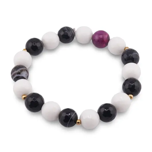 Bratara pe elastic cu Onix alb si Agat negru sfere fatetate 10mm, Ochi de tigru roz sfera 10mm