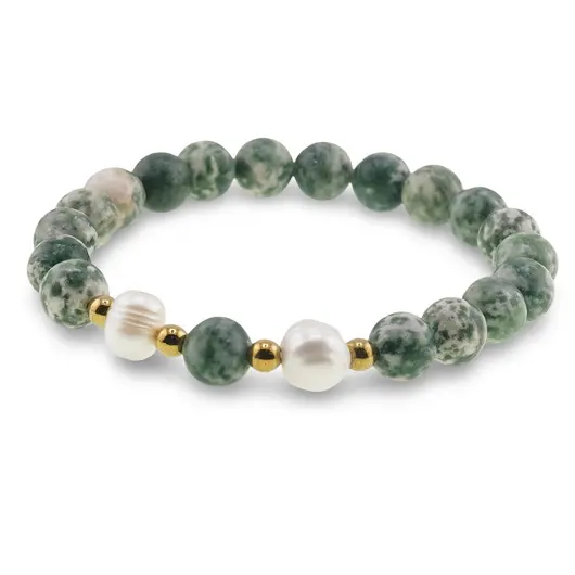 Bratara pe elastic Perle de cultura, bumbi aurii si Agat de copac sfere 8mm, imagine 2