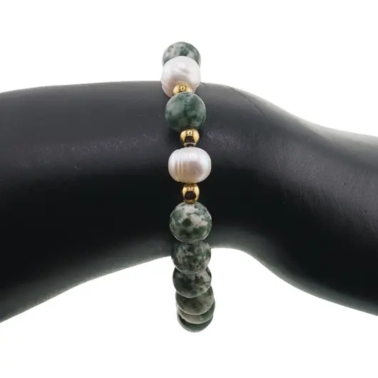 Bratara pe elastic Perle de cultura, bumbi aurii si Agat de copac sfere 8mm, imagine 3