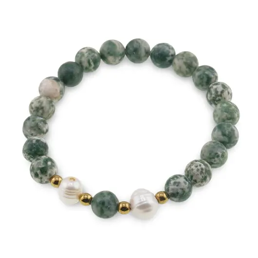 Bratara pe elastic Perle de cultura, bumbi aurii si Agat de copac sfere 8mm