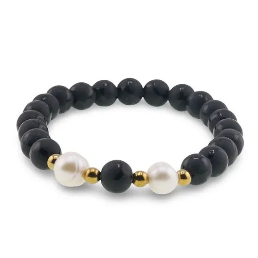 Bratara pe elastic Perle de cultura, bumbi aurii si Agat football negru sfere 8mm, imagine 2