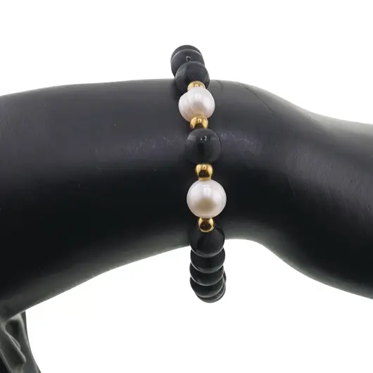 Bratara pe elastic Perle de cultura, bumbi aurii si Agat football negru sfere 8mm, imagine 3