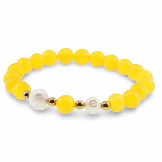 Bratara pe elastic Perle de cultura, bumbi aurii si Agat galben sfere 8mm, imagine 2