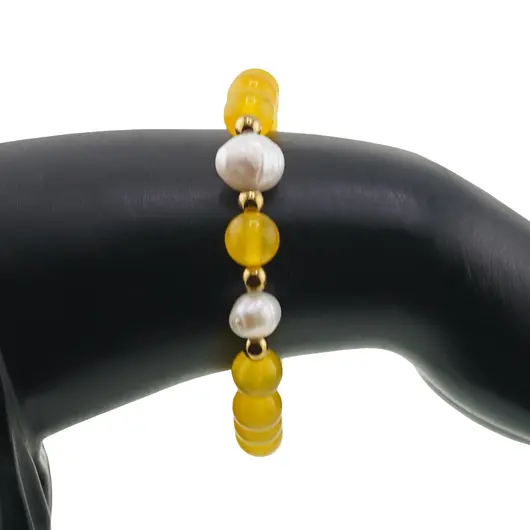 Bratara pe elastic Perle de cultura, bumbi aurii si Agat galben sfere 8mm, imagine 3