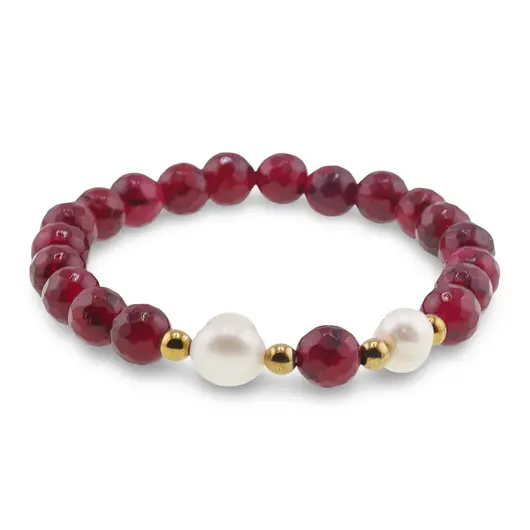 Bratara pe elastic Perle de cultura, bumbi aurii si Agat roz sfere fatetate 8mm, imagine 2