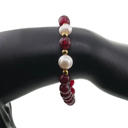 Bratara pe elastic Perle de cultura, bumbi aurii si Agat roz sfere fatetate 8mm, imagine 3