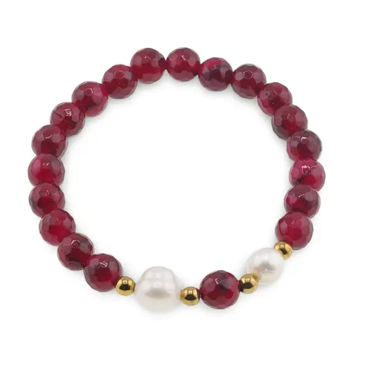 Bratara pe elastic Perle de cultura, bumbi aurii si Agat roz sfere fatetate 8mm